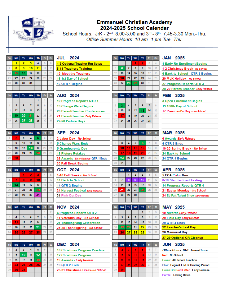 School Year Calendars – Emmanuel Christian A cademy