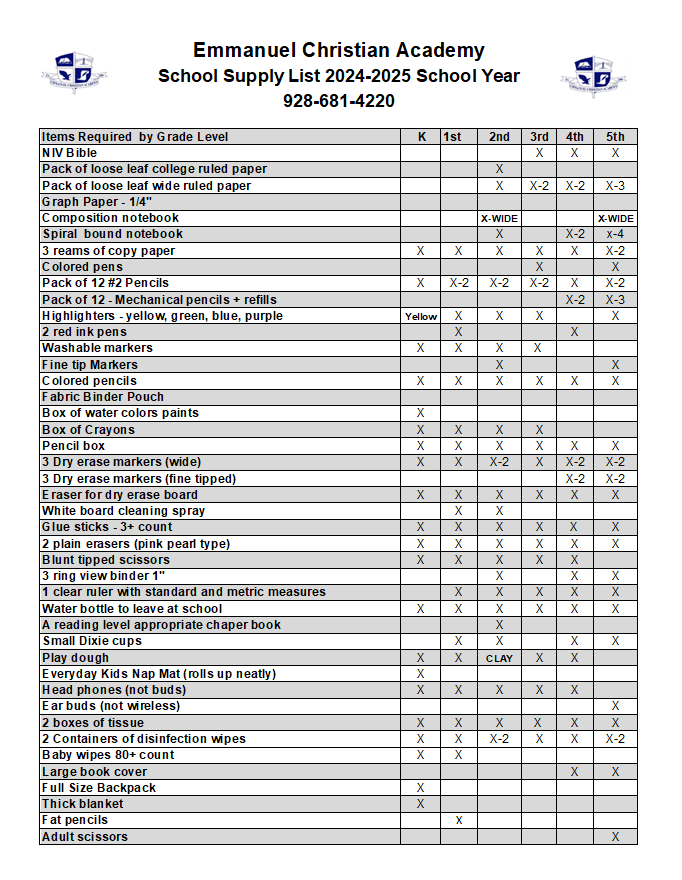 Required School Supply Lists Emmanuel Christian A cademy